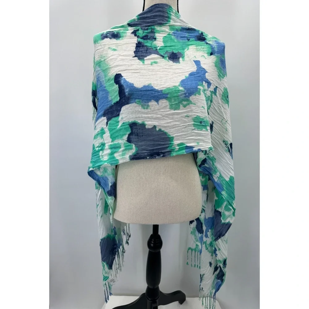 Watercolor Teal Blue White Scarf Shawl Wrap Artsy Coastal Marine Fringe Mermaid